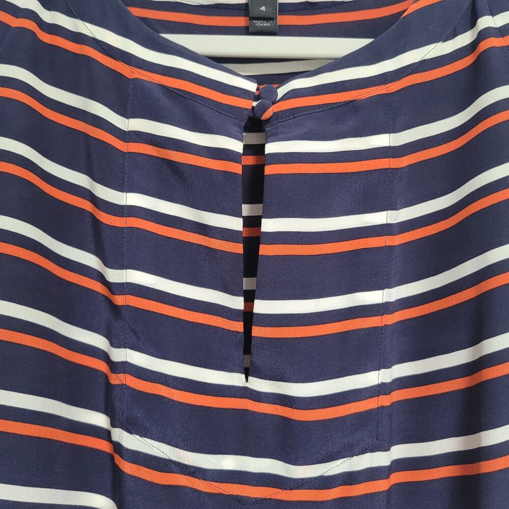 J. Crew Orange Blue White Stripe Short Sleeve Key Hole Front Silk Dress Size 4 - Picture 3 of 5